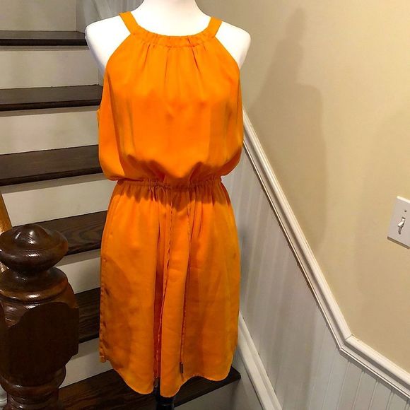 BANANA REPUBLIC Tangerine Sleeveless Cinched Waist Flowy Midi Dress NWOT Size 10 - Picture 1 of 15